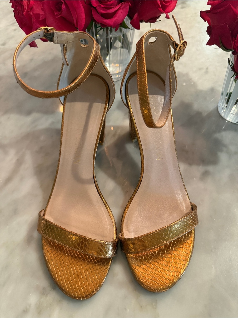 Stuart Weitzman Gold Textured Ankle-Strap Heels